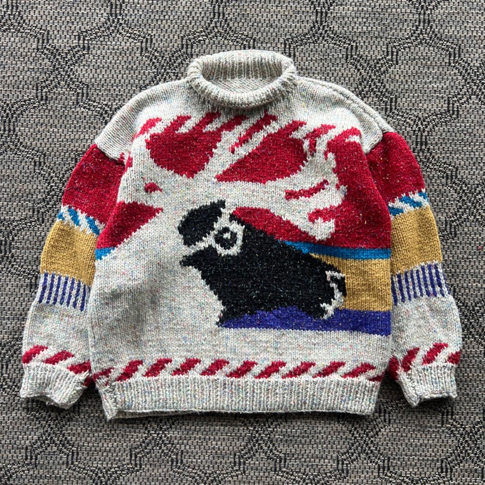 Vintage Caribou Sweater Womens XL Multicolor Chunky Hand Knit Roll Neck Arcylic